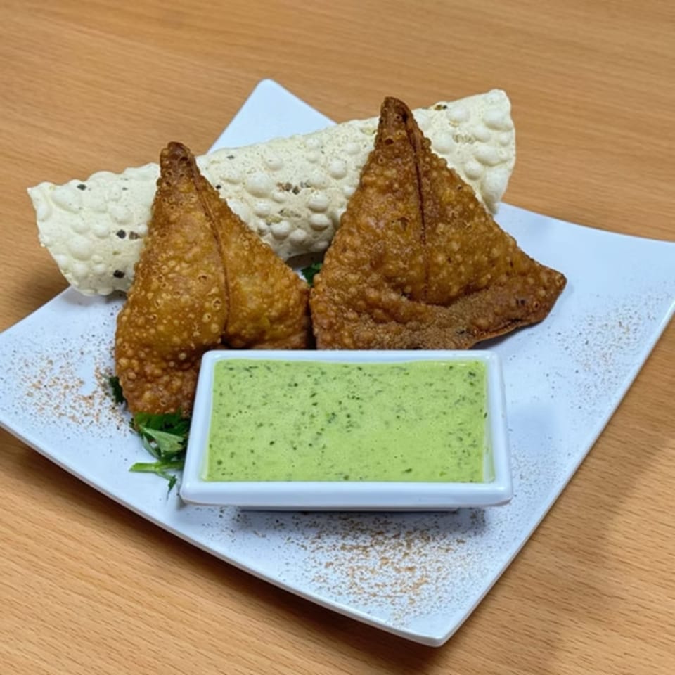 Two golden-brown samosas and papadum on a white plate with a side of green chutney.